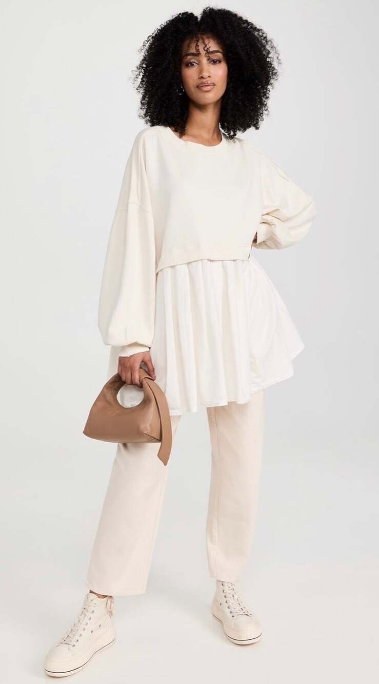 English Factory Long Sleeve Pleated Mixed Media Sweater Dress